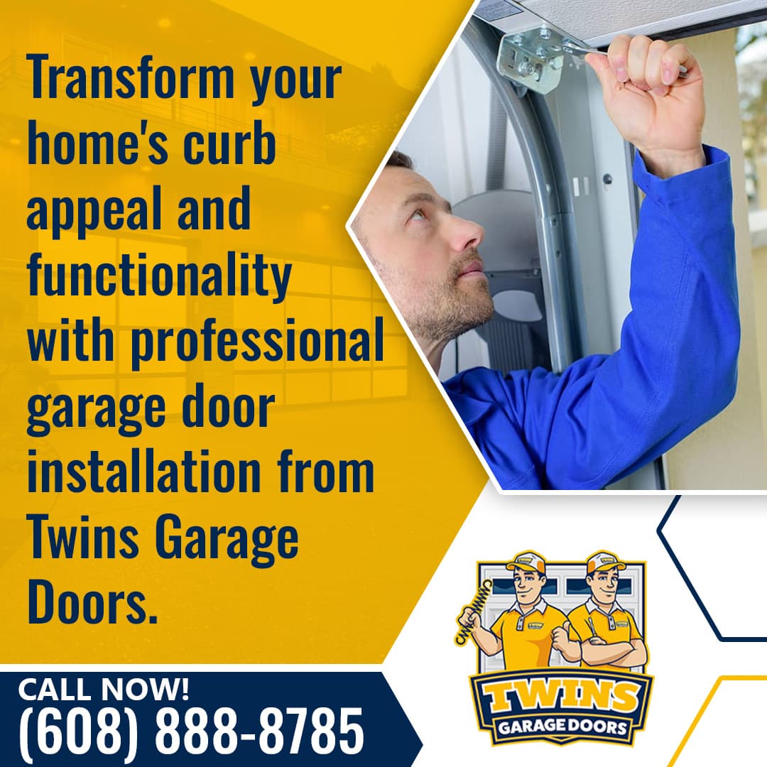 A technician in a blue work uniform installs a garage door component using a hand tool, with a promotional graphic highlighting garage door installation services from Twins Garage Doors.