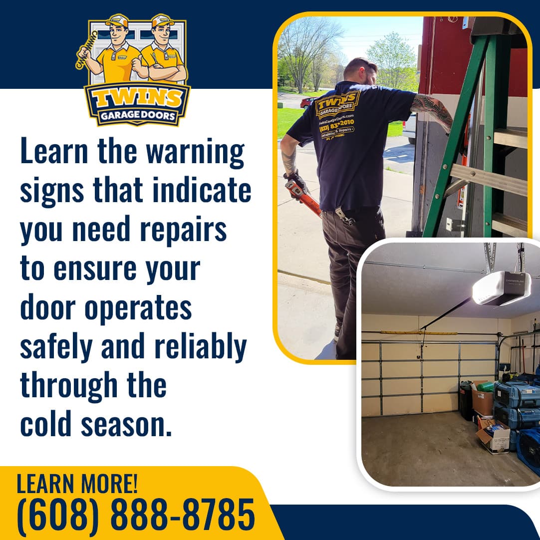 Twins Garage Doors technician inspecting and repairing a residential garage door to ensure safe operation during cold weather.