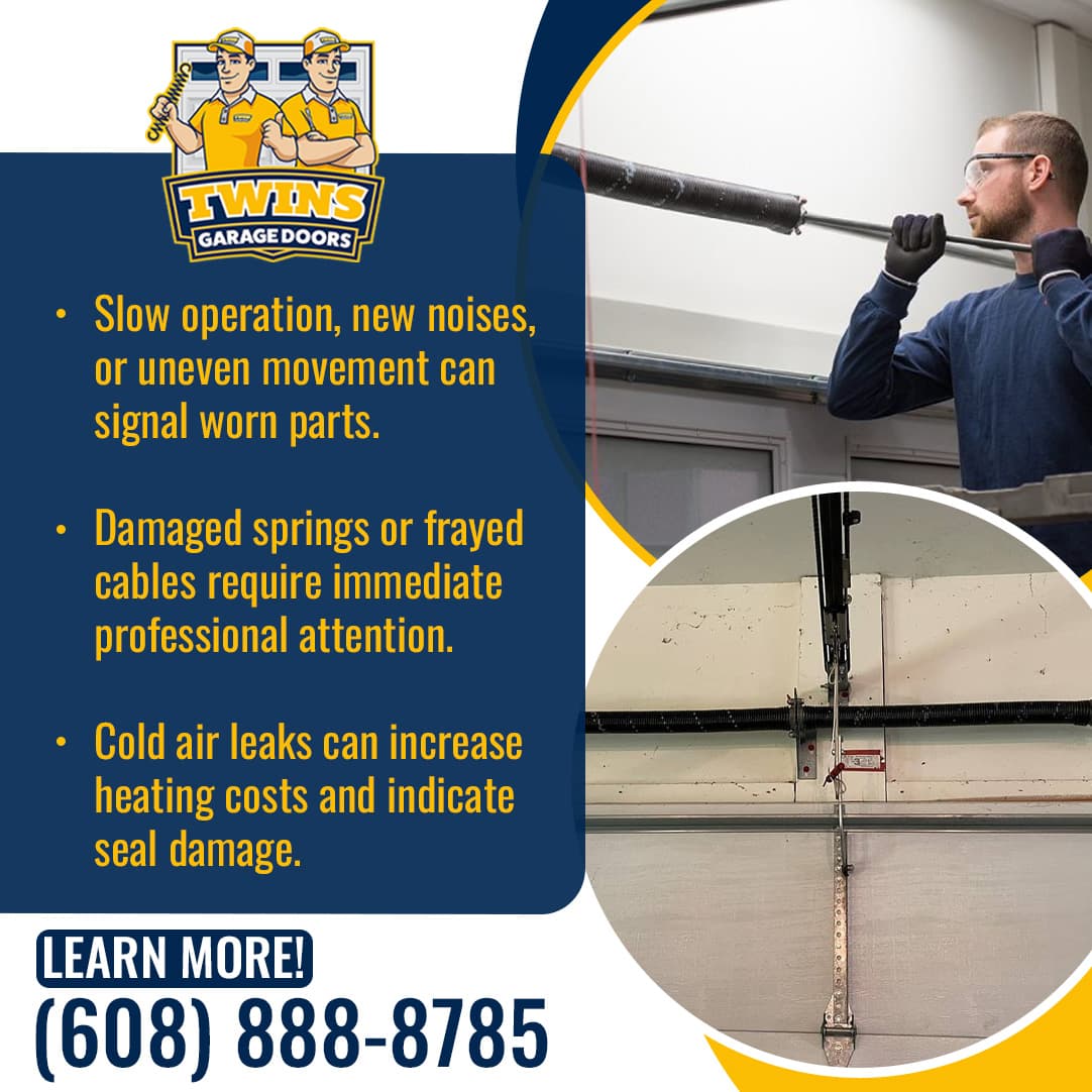 Garage door technician inspecting torsion spring and cable system while highlighting common warning signs of garage door problems.
