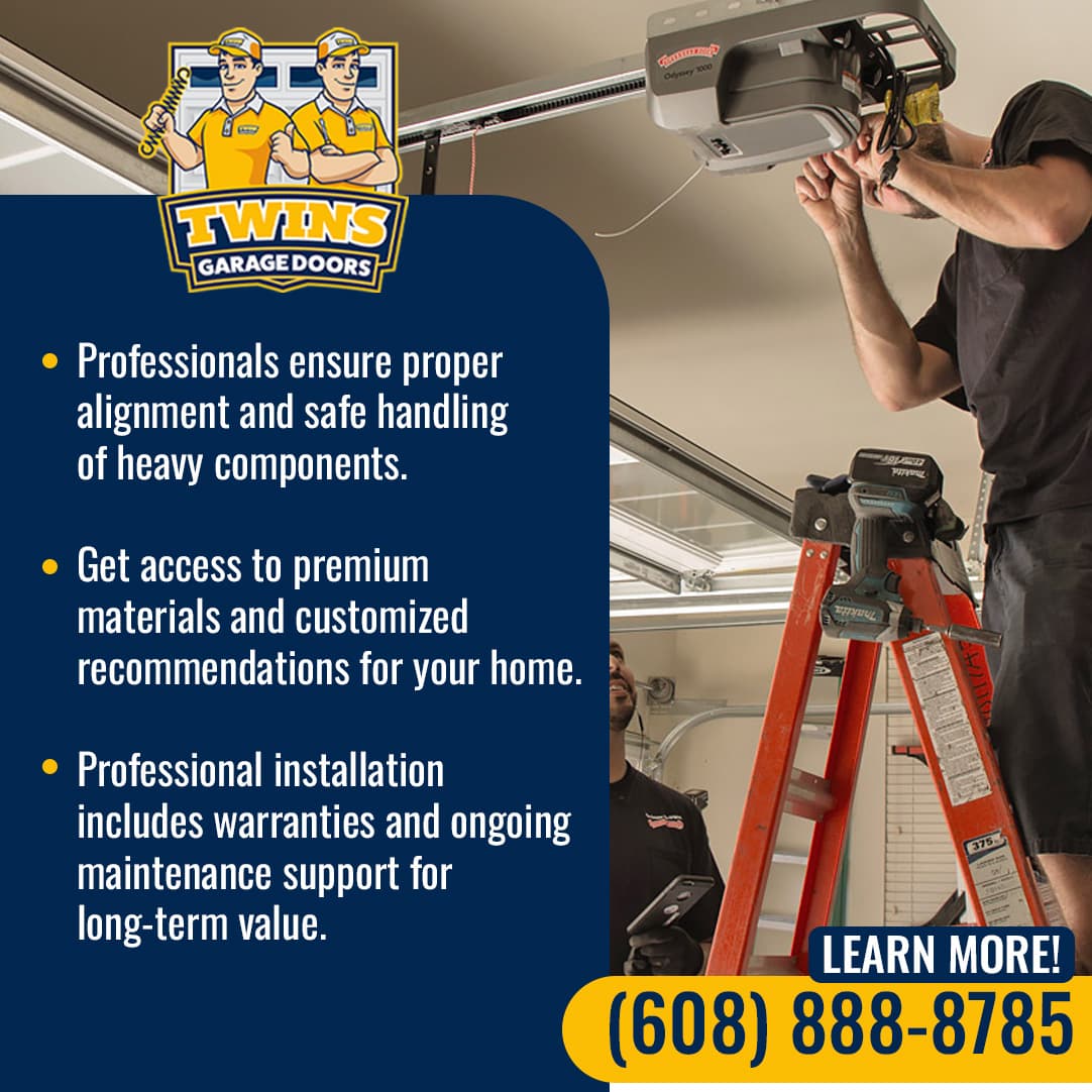 Garage door technician installing an overhead opener while standing on a ladder, promoting professional garage door installation services by Twins Garage Doors.