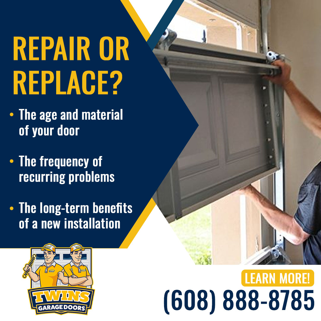 A close-up of a damaged garage door panel being inspected by a technician, alongside text outlining factors to consider when deciding whether to repair or replace a garage door from Twins Garage Doors.