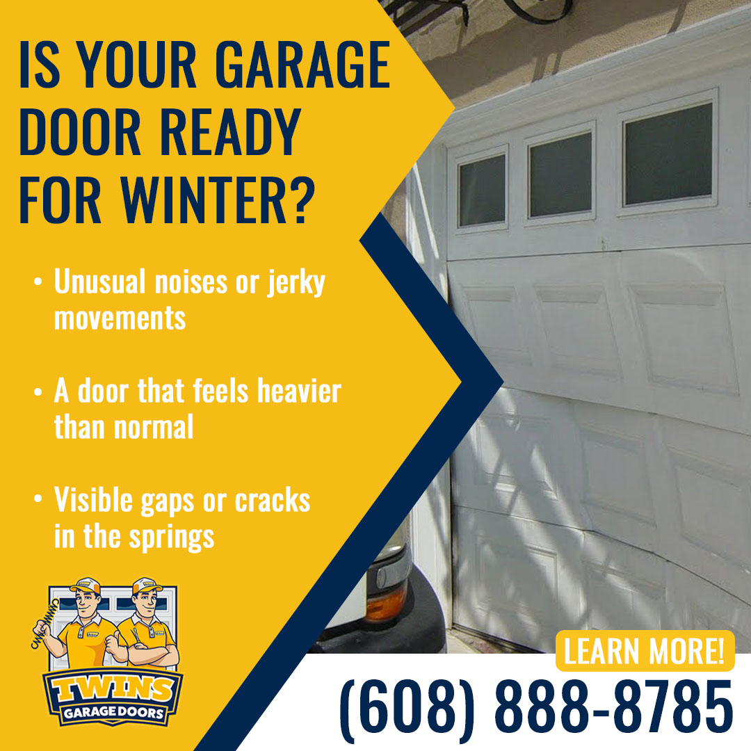 A white garage door with a close-up view of the internal mechanism, alongside text listing signs your garage door needs winter maintenance from Twins Garage Doors.
