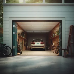 garage door open and a car inside the garage