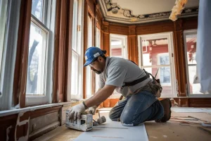 Looking for Home Reno Expert 2 handyman working on the floor kneeling inside a house